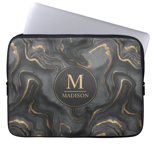 Capa Para Notebook Padrão de Mármore com Brilho Preto e Dourado Cinza (Frente)