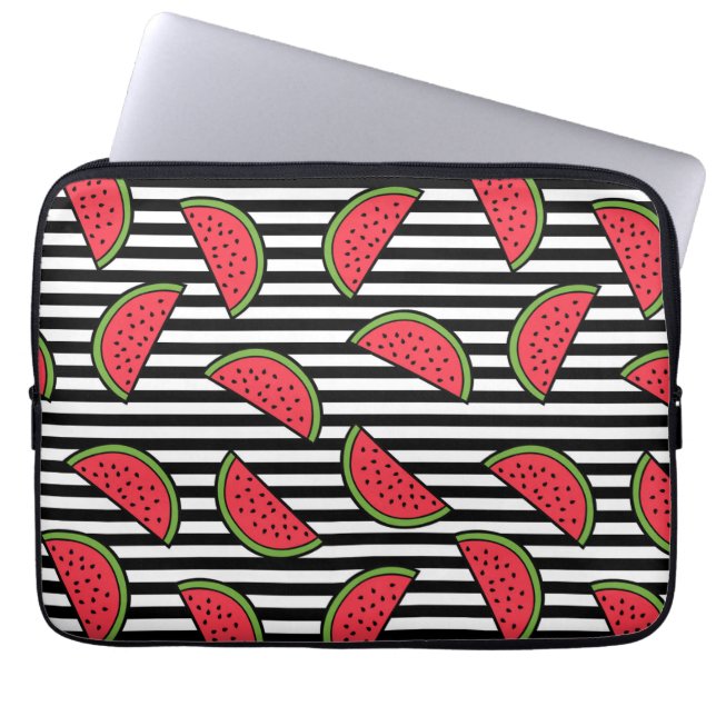 Capa Para Notebook Padrão de Melancia em Stripes Pretas e Brancas (Frente)