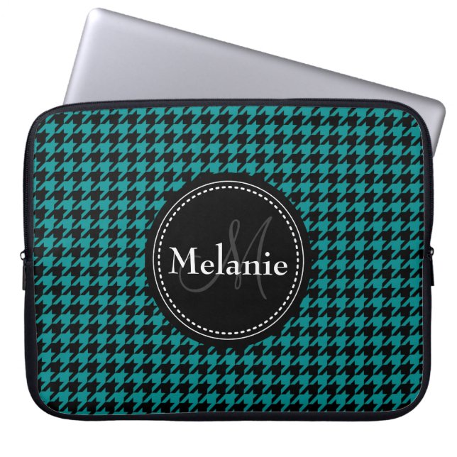 Capa Para Notebook Padrão de Monograma de Houndstooth Azul Negro (Frente)