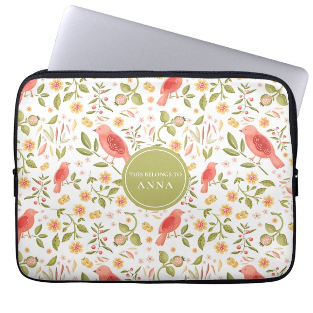 Capa Para Notebook Padrão de Pássaro Floral – Design Botânico Elegant (Frente)