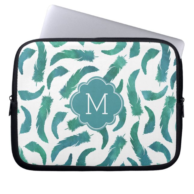 Capa Para Notebook Padrão de Penas de Aquarela Teal Monograma (Frente)