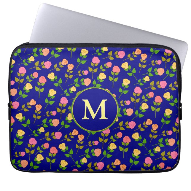 Capa Para Notebook Padrão de Rosa Azul Bonito Monograma (Frente)