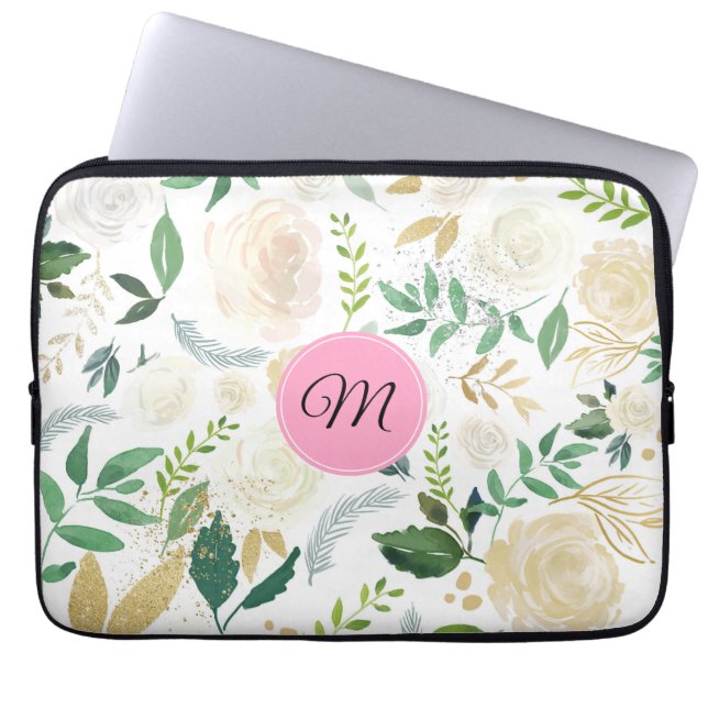 Capa Para Notebook Padrão de Rosas de branco e bege (Frente)