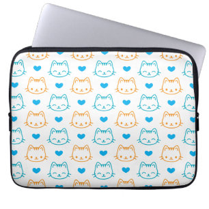 Capa Para Notebook Padrão de Rostos de Gatos Turquesa e Laranja Kawai
