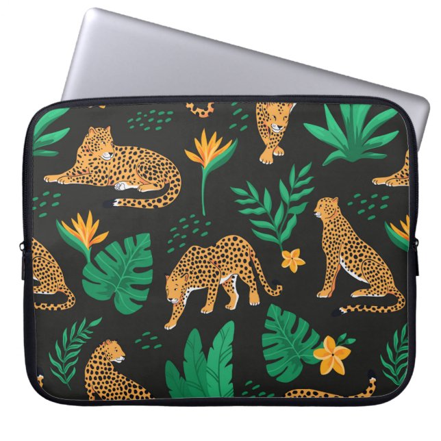 Capa Para Notebook Padrão de safra com leopardos e folhas tropicais  (Frente)