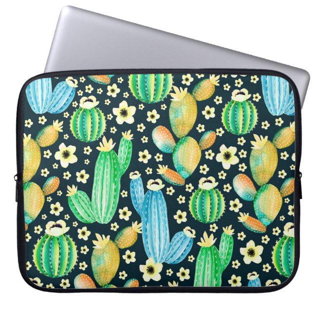 Capa Para Notebook Padrão de safra com suculentos. Cacto de aquarela (Frente)