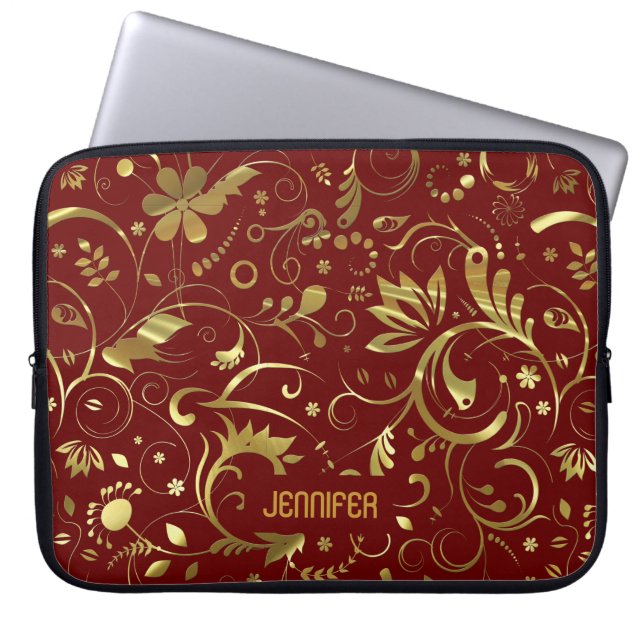 Capa Para Notebook Padrão De Tecido Floral Dourado E Turvo (Frente)