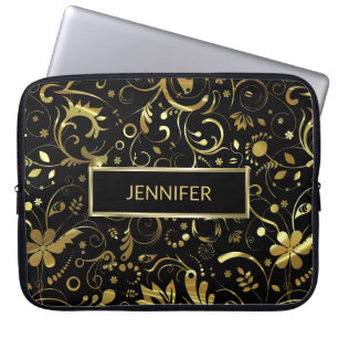 Capa Para Notebook Padrão De Tecido Floral Preto E Dourado