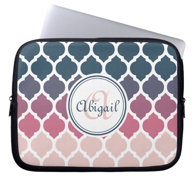 Capa Para Notebook Padrão de trava marroquina azul-rosa monograma (Frente)