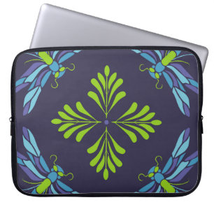 Capa Para Notebook Padrão de vinheta libélula azul verde sobre fundo