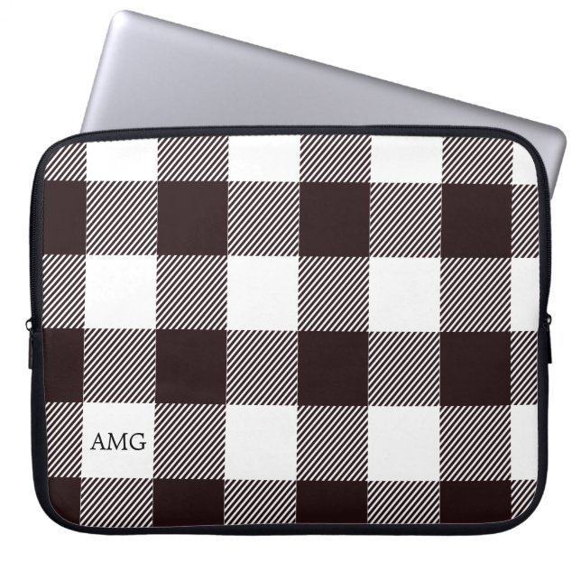 Capa Para Notebook Padrão de Xadrez Gingham Monograma Branco e Preto (Frente)