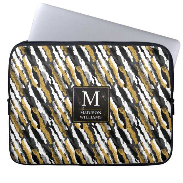 Capa Para Notebook Padrão de Zebra Animal Branco com Brilho Preto e D (Frente)