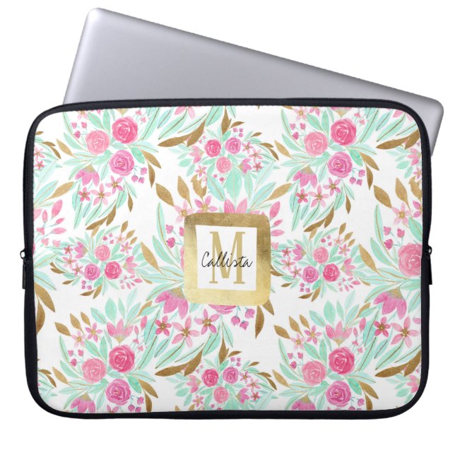Capa Para Notebook Padrão Dourado de Flores de Água a Teal Rosa-Rosa  (Frente)