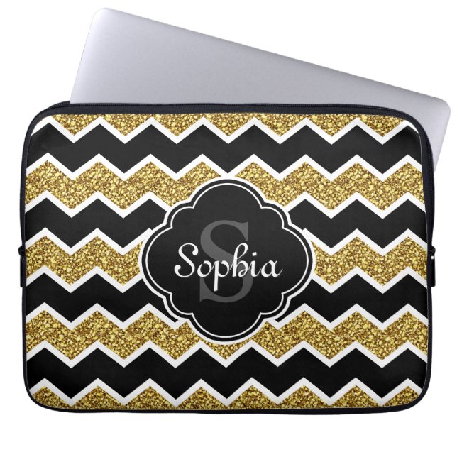 Capa Para Notebook Padrão Dourado de Glitter Glitter Branco Preto (Frente)