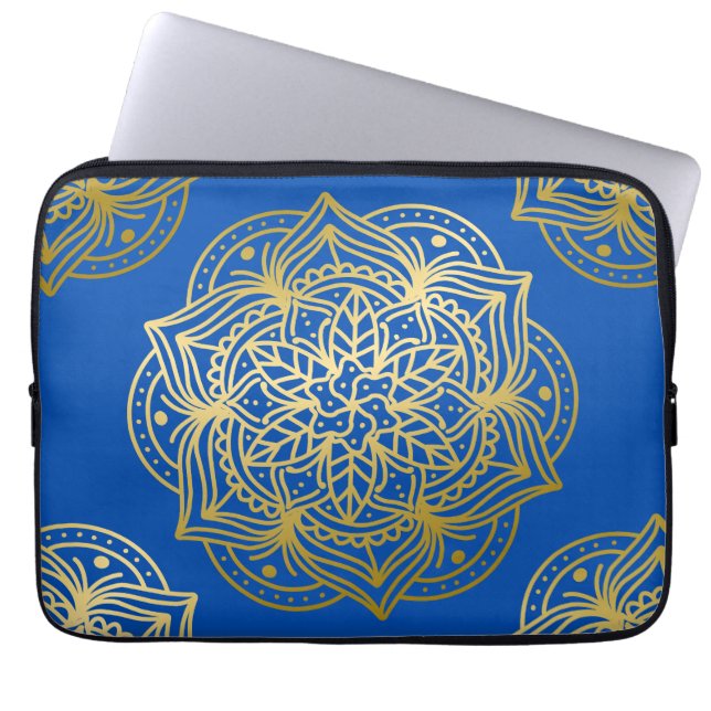 Capa Para Notebook Padrão Elegante de Mandala Dourada e Azul (Frente)
