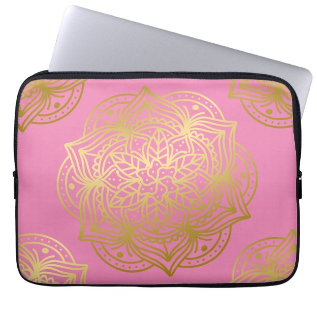 Capa Para Notebook Padrão Elegante de Mandala Dourado e Rosa (Frente)