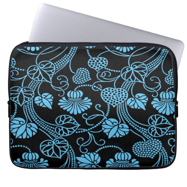 Capa Para Notebook Padrão Floral Anterior Preto em Azul (Frente)