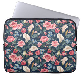 Capa Para Notebook Padrão Floral Azul Naval Romântico