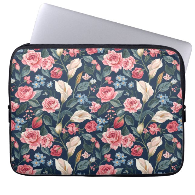 Capa Para Notebook Padrão Floral Azul Naval Romântico (Frente)