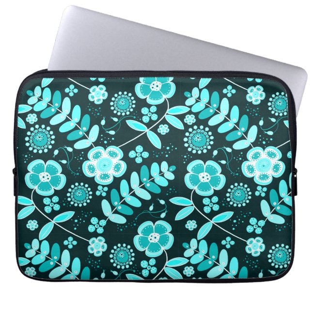 Capa Para Notebook padrão floral azul turquesa elegante e sofisticado (Frente)