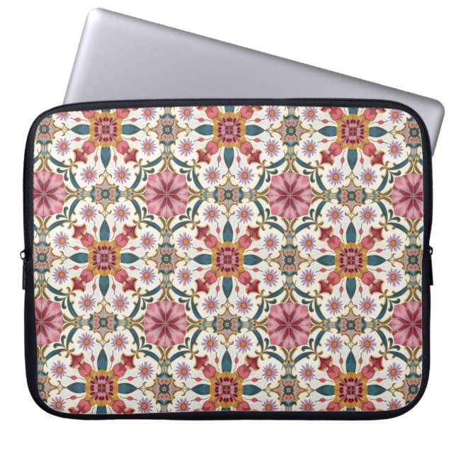 Capa Para Notebook Padrão Floral Boho em Vermelho, Rosa e Azul Turque (Frente)