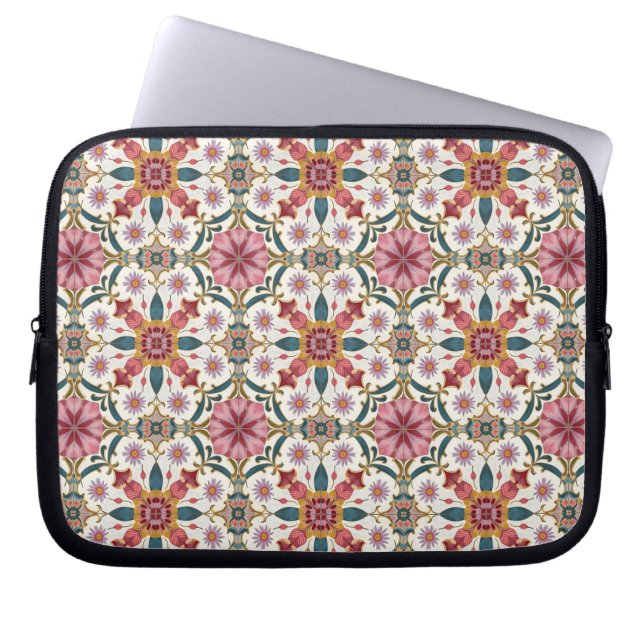 Capa Para Notebook Padrão Floral Boho em Vermelho, Rosa e Azul Turque (Frente)