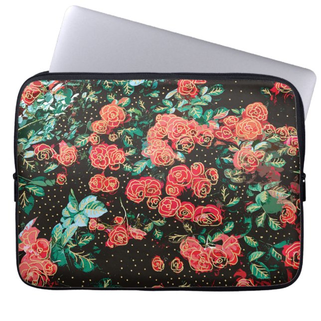 Capa Para Notebook Padrão Floral de Bolinhas de Rosas Vermelhas Escur (Frente)