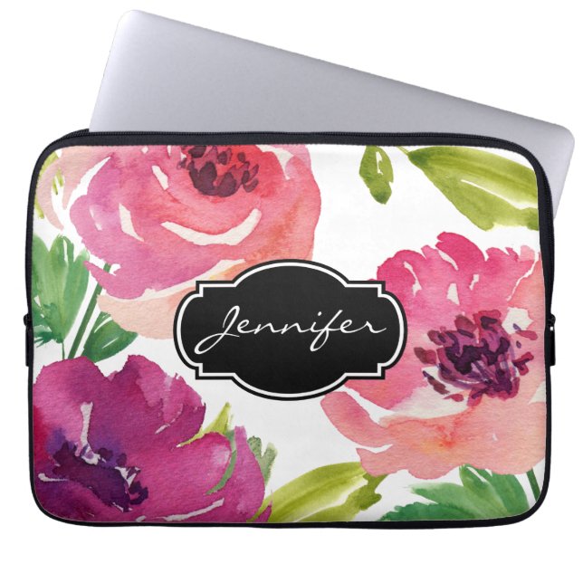Capa Para Notebook Padrão Floral De Cores Aquáticas Monograma (Frente)