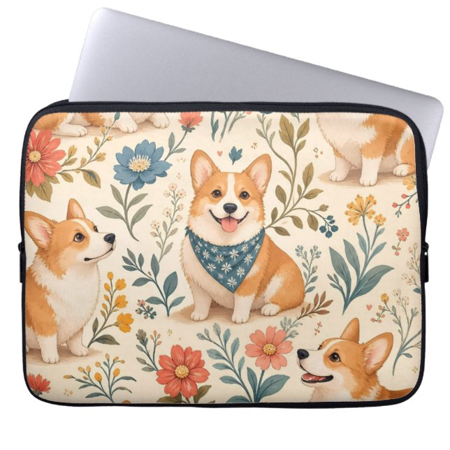 Capa Para Notebook Padrão Floral de Jardim de Corgi Fofo (Frente)
