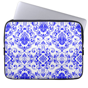 Capa Para Notebook Padrão Floral do Damasco Azul e Branco Elegante