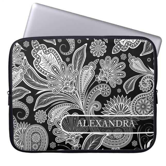 Capa Para Notebook Padrão Floral do Ornamentado Preto e Branco (Frente)