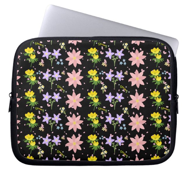 Capa Para Notebook Padrão Floral Elegante de Primavera em Preto - Cap (Frente)