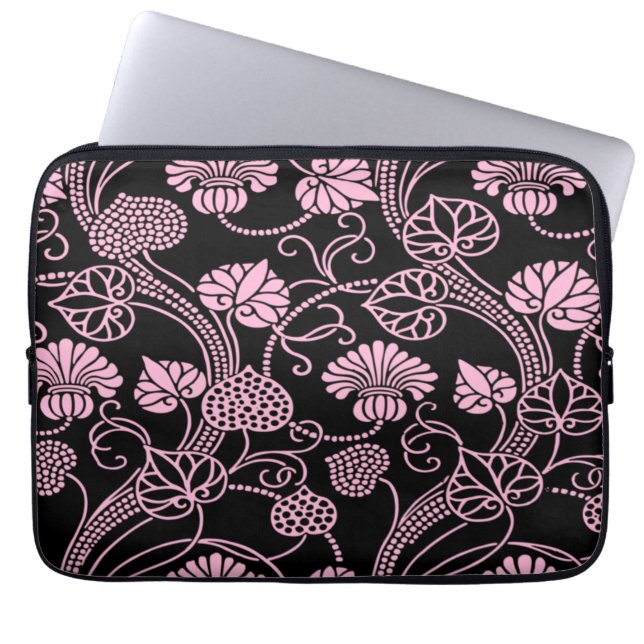 Capa Para Notebook Padrão Floral Retro Rosa no Preto (Frente)