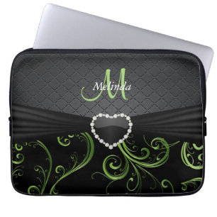 Capa Para Notebook Padrão Floral Verde Elegante Preto e Peridot
