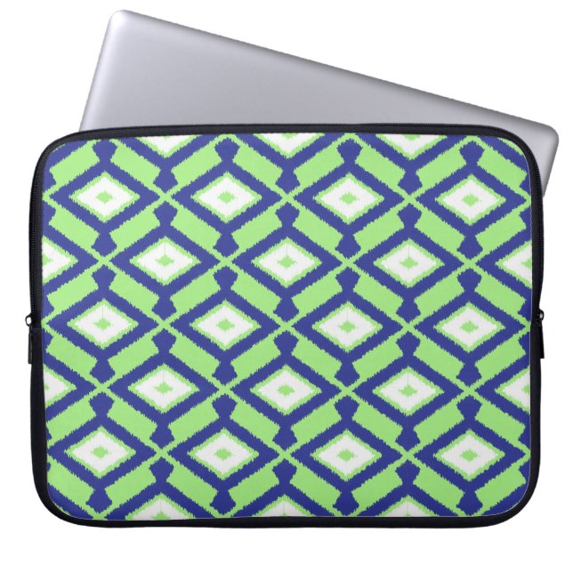 Capa Para Notebook Padrão Ikat - Verde, Azul Indigo e Branco (Frente)