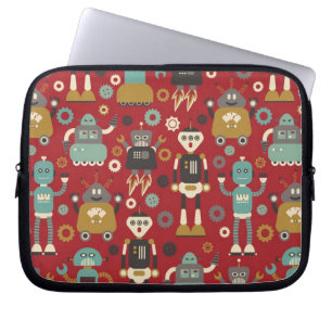 Capa Para Notebook Padrão Ilustrado de Robôs Retro Diversos (Vermelho