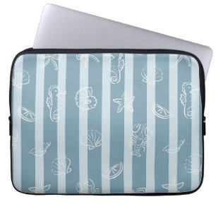 Capa Para Notebook Padrão Náutico Costeiro Concha de Mar Azul & Cav