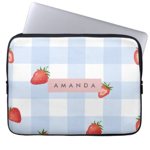 Capa Para Notebook Padrão Personalizado de Morango e Gingham Azul