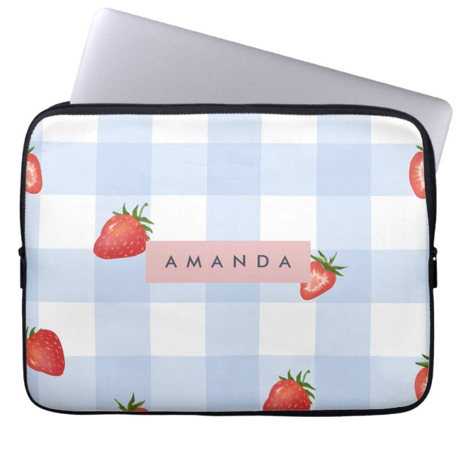 Capa Para Notebook Padrão Personalizado de Morango e Gingham Azul (Frente)