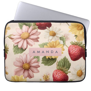 Capa Para Notebook Padrão Personalizado de Morango Vintage e Flor