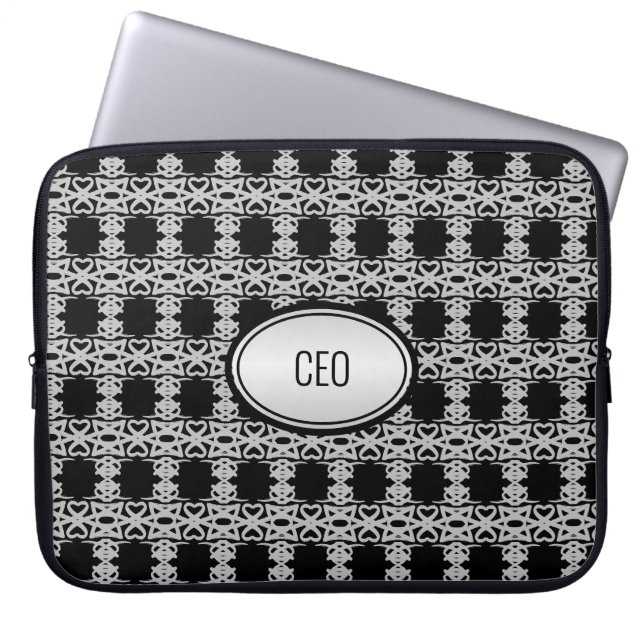 Capa Para Notebook Padrão Quadrado Elegante em Preto e Prata (Frente)