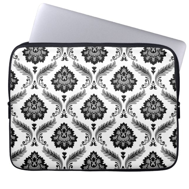 Capa Para Notebook Padrão Rococó Damask Cinza Preto Branco (Frente)