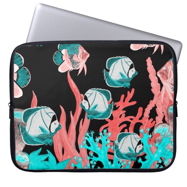 Capa Para Notebook Padrão sem costura aquarelas com peixe exótico em  (Frente)