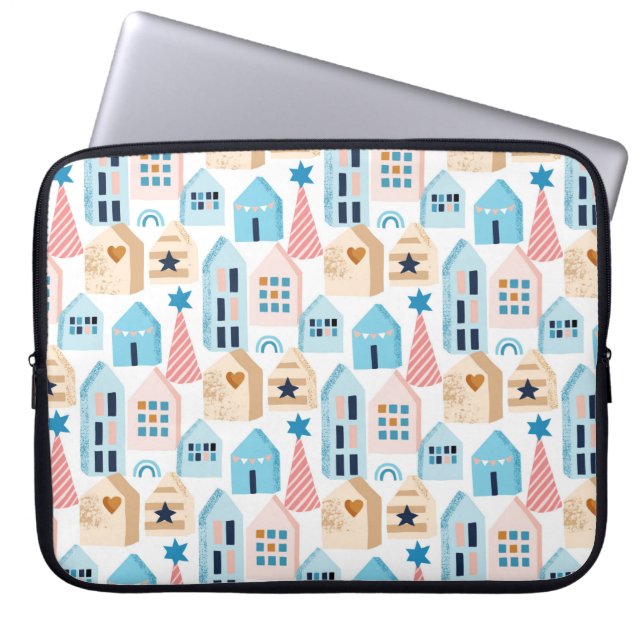 Capa Para Notebook Padrão sem costura com casas escandinavas em branc (Frente)