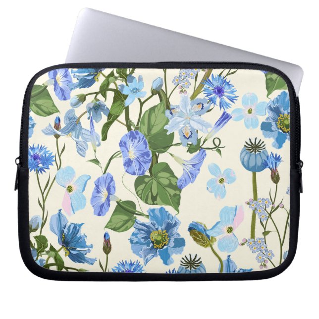 Capa Para Notebook Padrão sem costura com flores azuis. (Frente)
