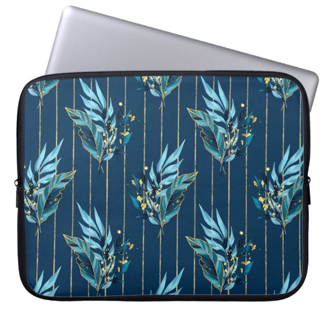Capa Para Notebook Padrão sem costura com folhas e tiras azuis (Frente)