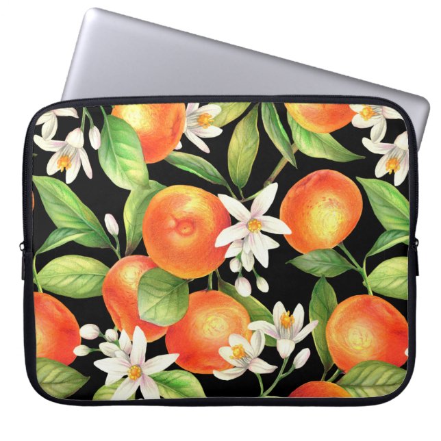 Capa Para Notebook Padrão sem costura com frutas de laranja, flores e (Frente)