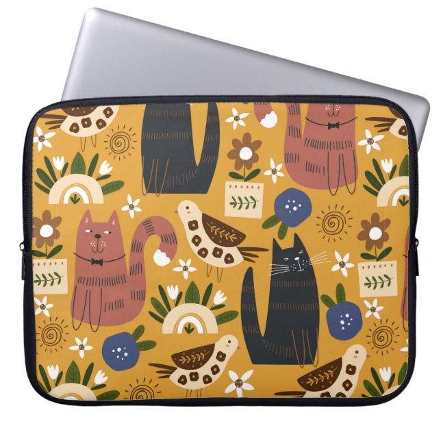 Capa Para Notebook Padrão sem costura com gatos e pássaros bonitos. d (Frente)