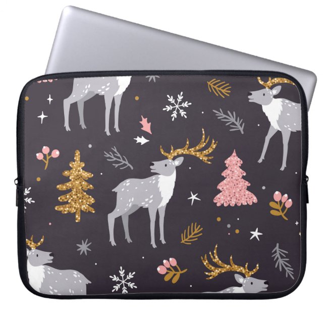 Capa Para Notebook padrão sem costura com renas, árvores de abeto e n (Frente)
