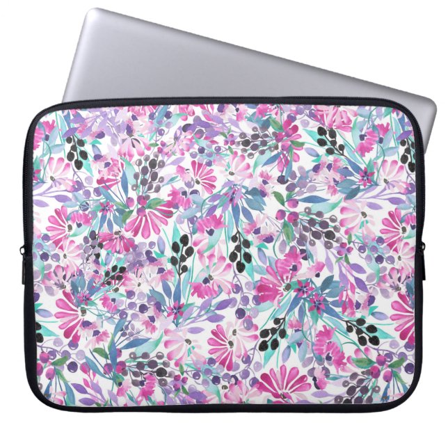 Capa Para Notebook Padrão sem costura de flores e bagas roxas,blu (Frente)